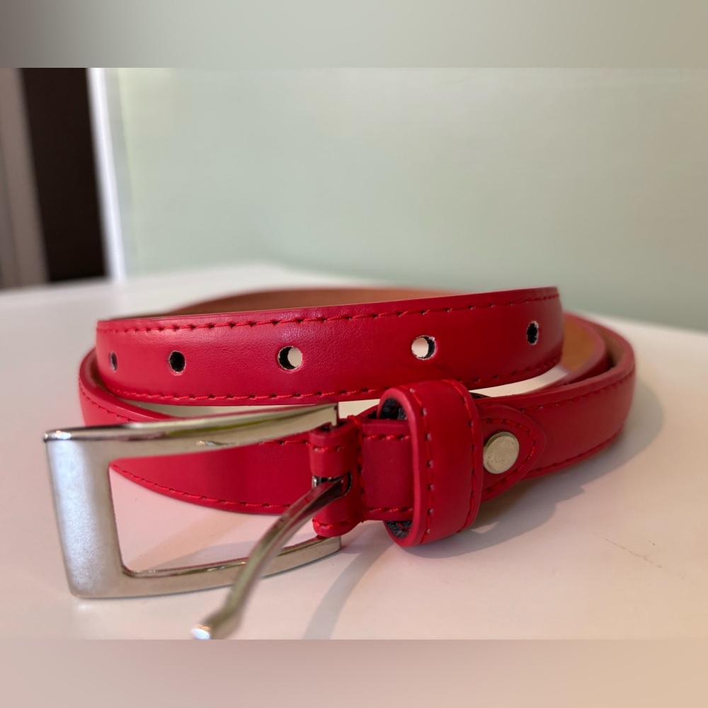 Milano Red Skinny Belt XL 38-41 Minimalist Silver Buckle - Picture 2 of 7
